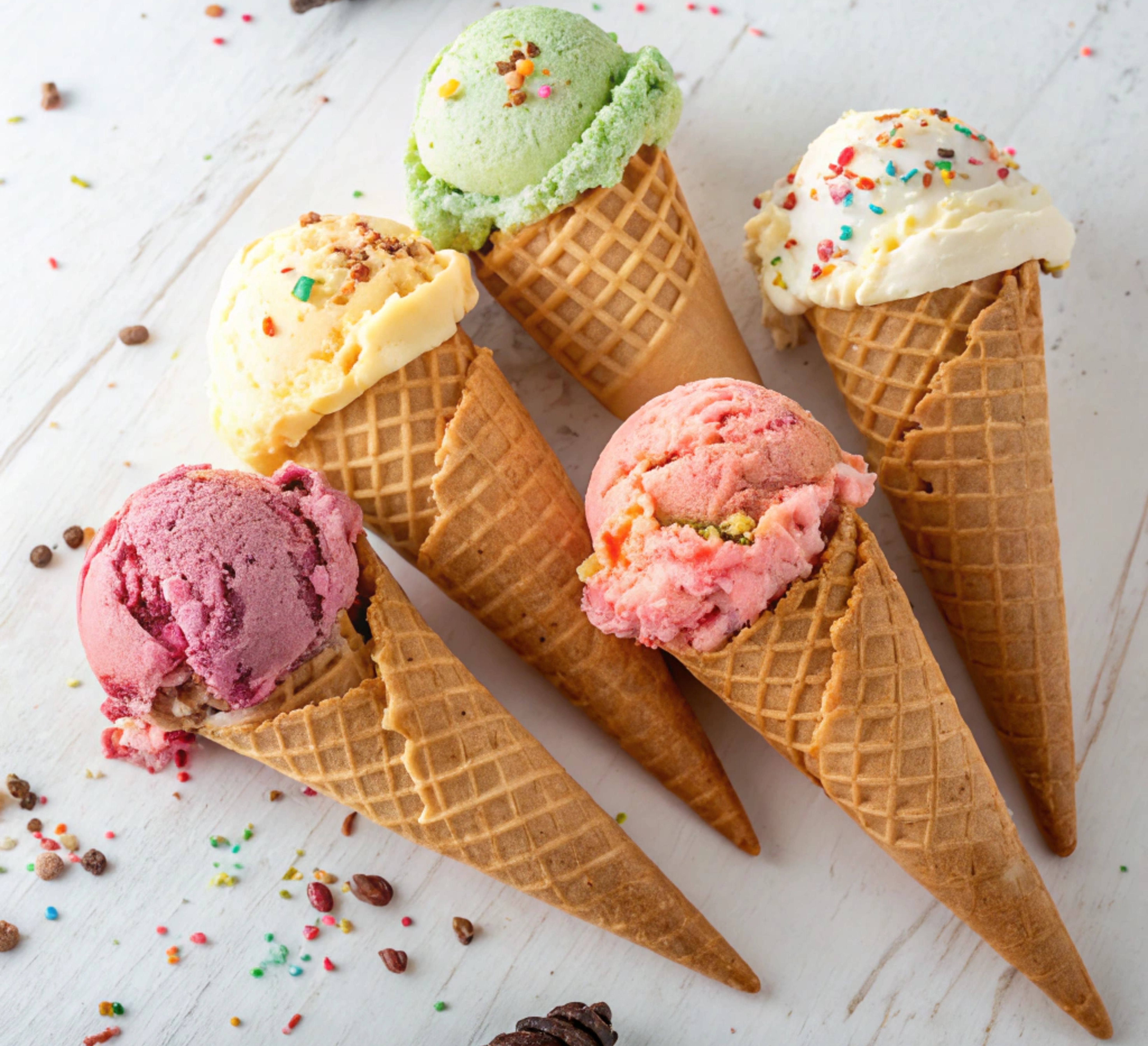 ice cream of various flavors in a cone