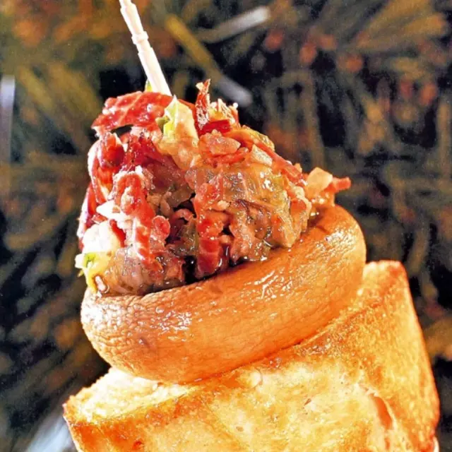 Mushroom, Pepper, and Ham Skewer