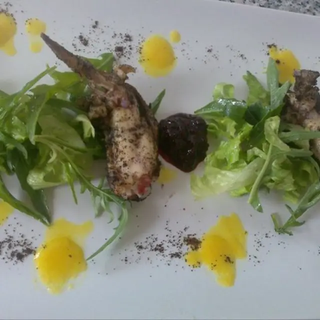 Chicken Wings with Coffee, Saffron Sauces, and Berries