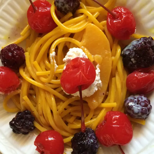 Yellow Spaghetti with Fruits and Sweetened Milk