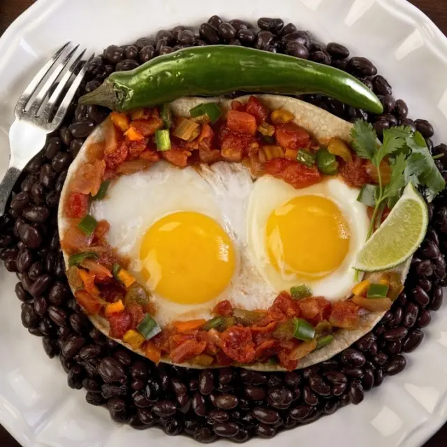 Sunny-Side-Up Eggs with Pico de Gallo and Black Beans from the Pot