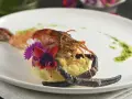 Camarões à Manteiga, purê de Batata Doce e azeite de Salsinha