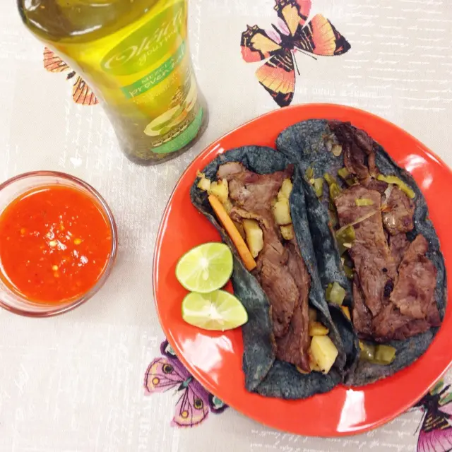 Cecina Tacos in Blue Tortilla
