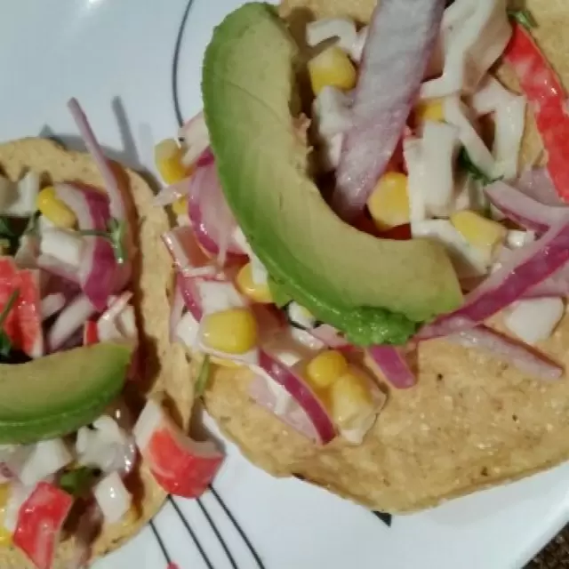 Tostadas de Surimi, Elote and Mayonnaise