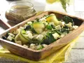 Warm Salad of Pumpkin, Kale, Arugula, Feta Cheese, and Nuts