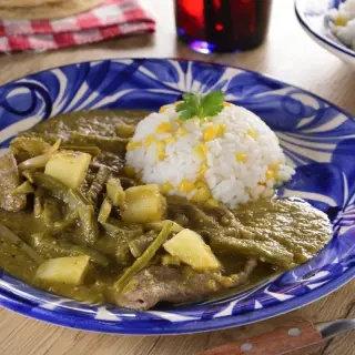 Steak with Potatoes and Nopales in Green Sauce