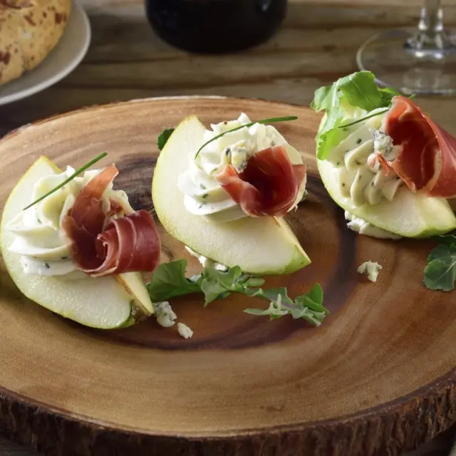 Blue Cheese Stuffed Pears with Arugula and Prosciutto
