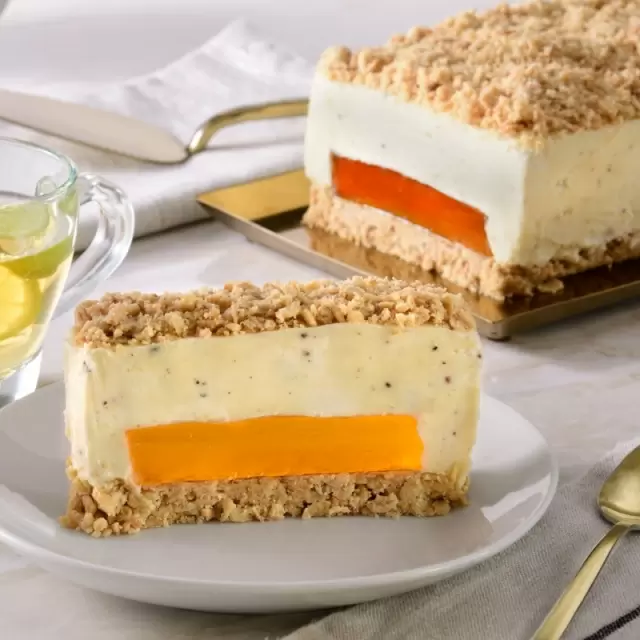 Vanilla and Mango Ice Cream Cake with Coconut Crumble