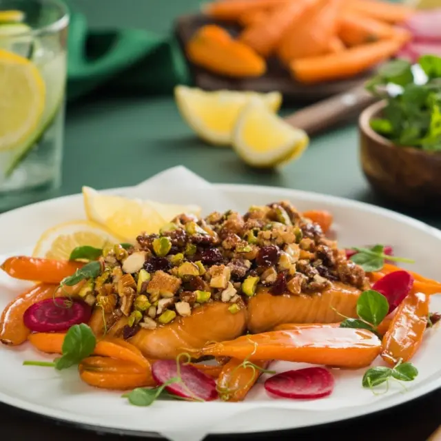 Salmon with Nut Crust and Glazed Vegetables