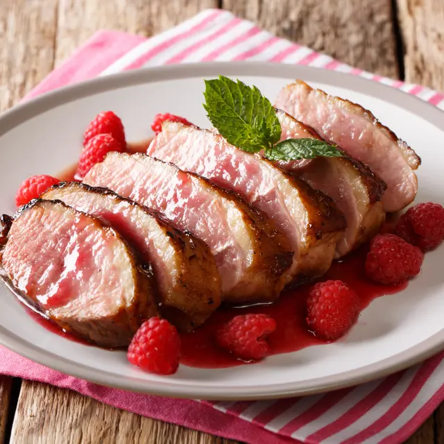 Beef steak in raspberry sauce with chili